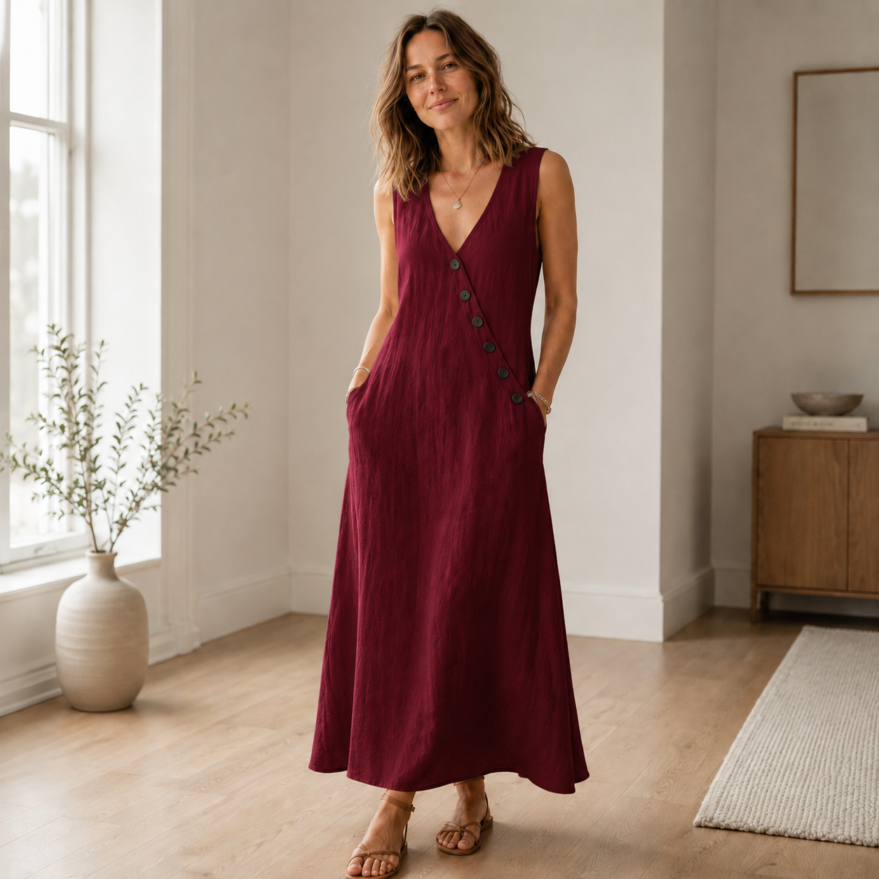 Maxi-jurk Ines – Mouwloos met diepe V-hals