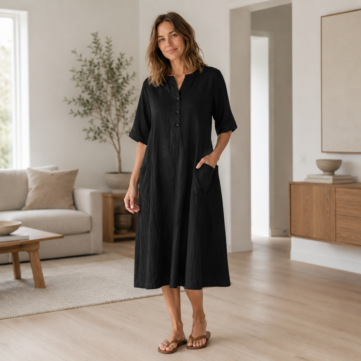 Linnen jurk Helena – Knopenlijst & zijzakken