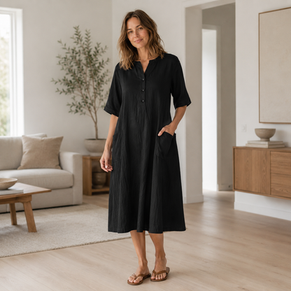 Linnen jurk Helena – Knopenlijst & zijzakken