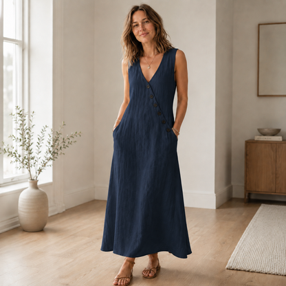 Maxi-jurk Ines – Mouwloos met diepe V-hals